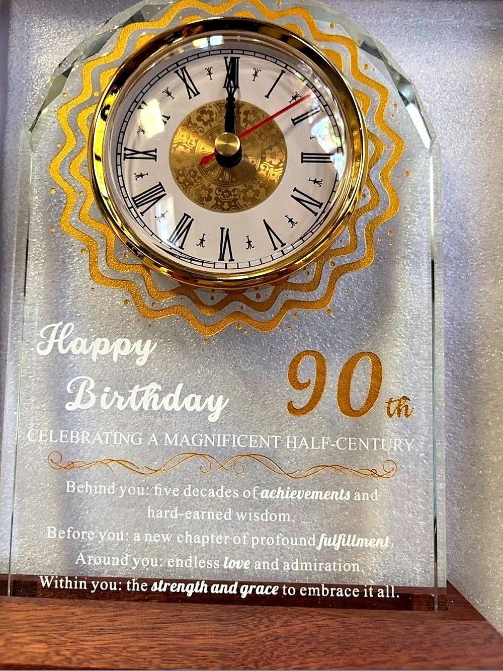 90th Birthday Clock Display in Gold & Brown